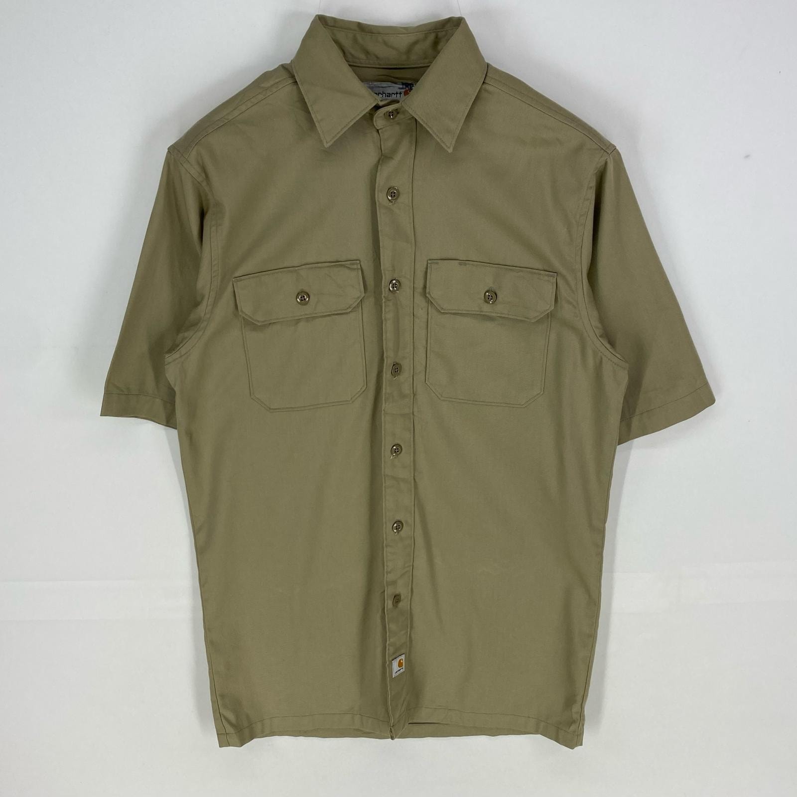 古着 カーハート Carhartt 半袖シャツ ワーク 胸ポケット ワンポイント ショートスリーブ S  ベージュ系 無地 メンズ