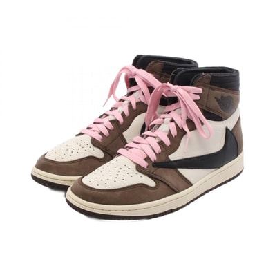 ナイキ NIKE NIKE × TRAVIS SCOTT Air Jordan 1 Retro High スニーカー 靴 レザー ファブリック メンズ ホワイト系 / ブラウン系 / ピンク系 【中古】