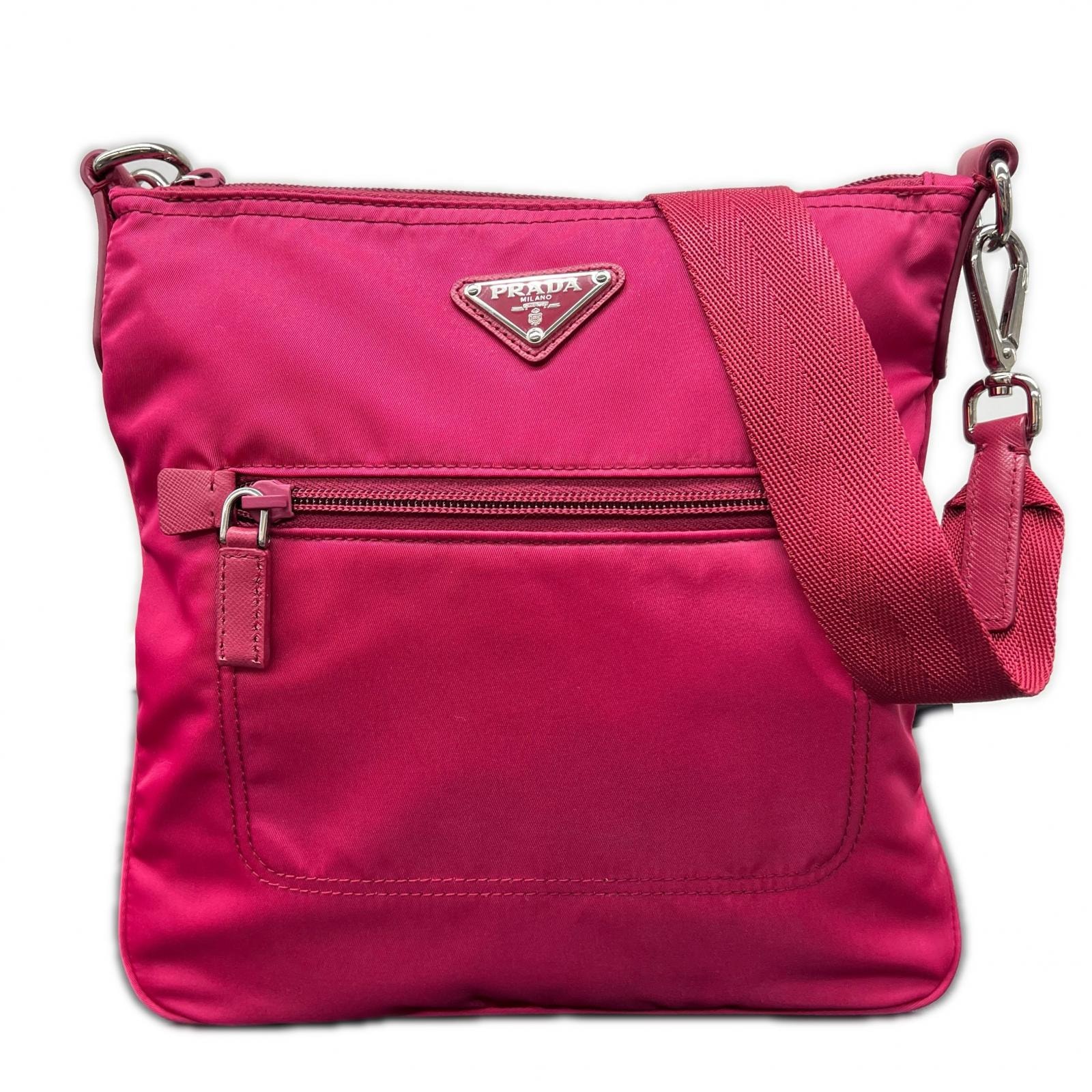 PRADA 希少 美品 プラダ TESSUTO ショルダーバッグ テスートナイロン BT0716 IBISCO ナイロン レザー ピンク ポシェット クロスボディ ABランク 鑑定済 中古 プラダバッグ