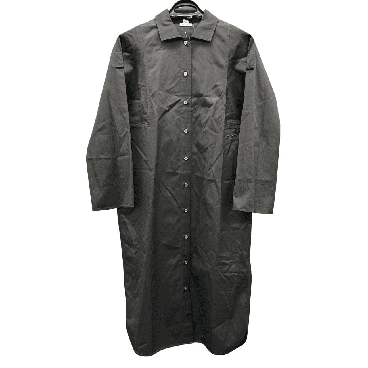 HERMES 極美品 エルメス セリエ ロールアップ シャツワンピース ドレス ロングシャツ #34 ベルト付 ロゴ刺繍 馬車 タイガー 切替 コットン ブラック セリエボタン Aランク 中古 鑑定済 エルメスワンピース