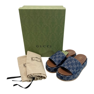 ☆☆GUCCI グッチ GGデニム プラットフォームスライドサンダル 39(26cm相当) 623212 ブルー ミュール 箱・布袋有