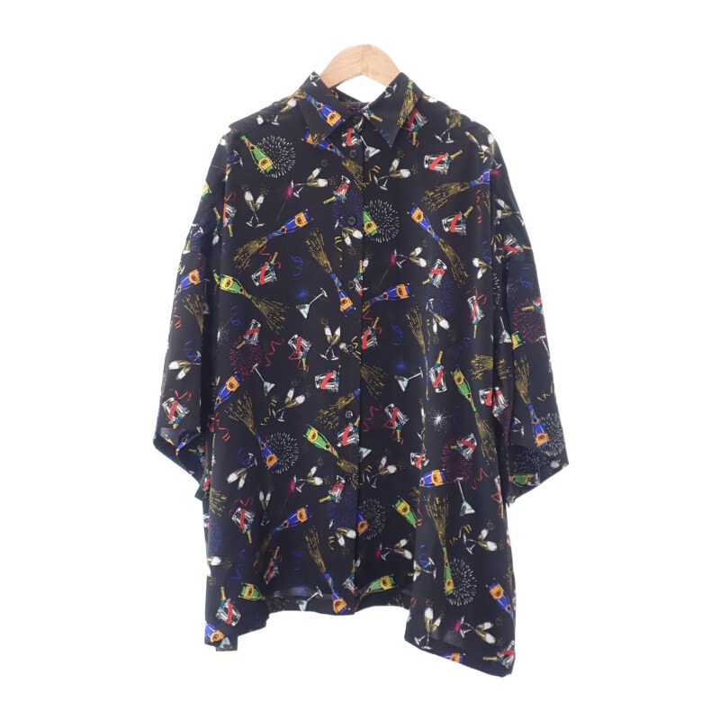 バレンシアガ BALENCIAGA セレブレーション プリント 36 半袖シャツ シルク ブラック メンズ【中古】【Aランク】