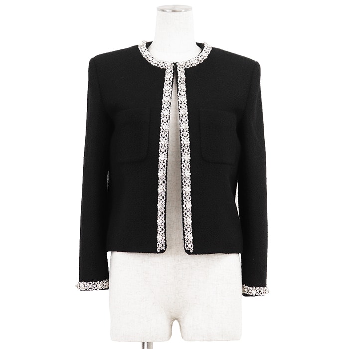 【美品】CELINE セリーヌ カーディガン ツイード サイズ 36 レディース エンブロイダリーガルーン クリスタルビジュー オープンフロント ノーカラー ウール/ナイロン ジャケット アウター ハンガー/ガーメント付属 ブラック 黒 イタリア製