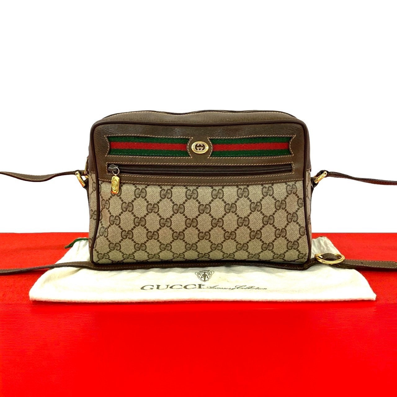 GUCCI グッチ シェリーライン GG ロゴ 金具 レザー PVC ショルダーバッグ ブラウン
 29604