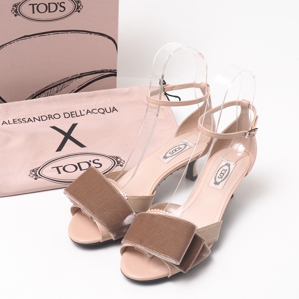 ■美品■TOD’S トッズ サンダル サイズ37 1/2 別珍 リボン エナメル アンクルストラップ ローヒール 靴 ブランド古着【中古】20250827/RA5949