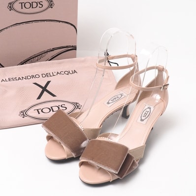 ■美品■TOD’S トッズ サンダル サイズ37 1/2 別珍 リボン エナメル アンクルストラップ ローヒール 靴 ブランド古着【中古】20250827/RA5949