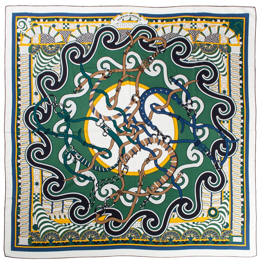 【未使用】HERMES エルメス カレジェアン Harnais en Rosace ハーネスの薔薇窓 243853S 20 スカーフ カレ140 カシシル ストール ショール  グリーン ブルー【中古】