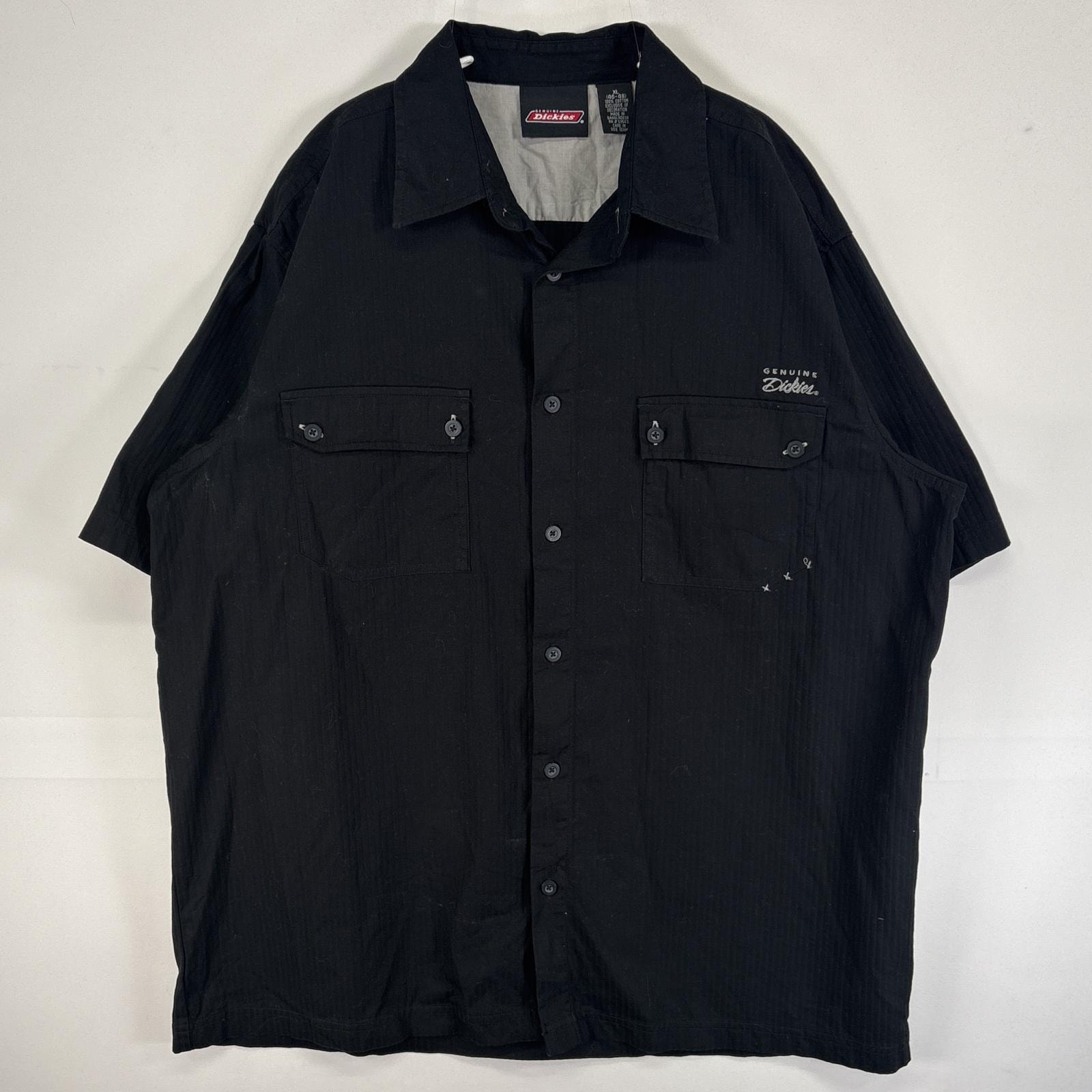 古着 ディッキーズ Dickies 半袖シャツ ロゴ 刺繍 大きいサイズ ワーク 作業着 フラップポケ XL  ブラック 無地 メンズ