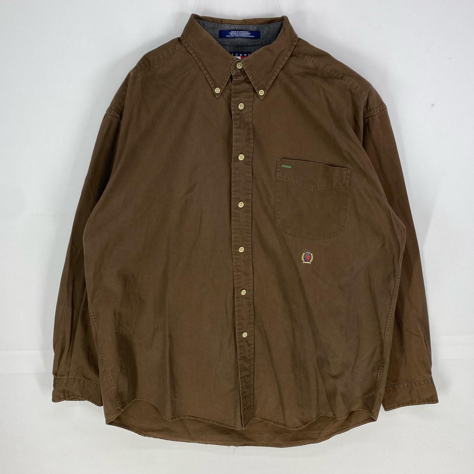古着 90's/90年代 トミーヒルフィガー TOMMY HILFIGER 長袖シャツ ボタンダウン 胸ポケット ワンポイント刺繍 L  ブラウン系 メンズ