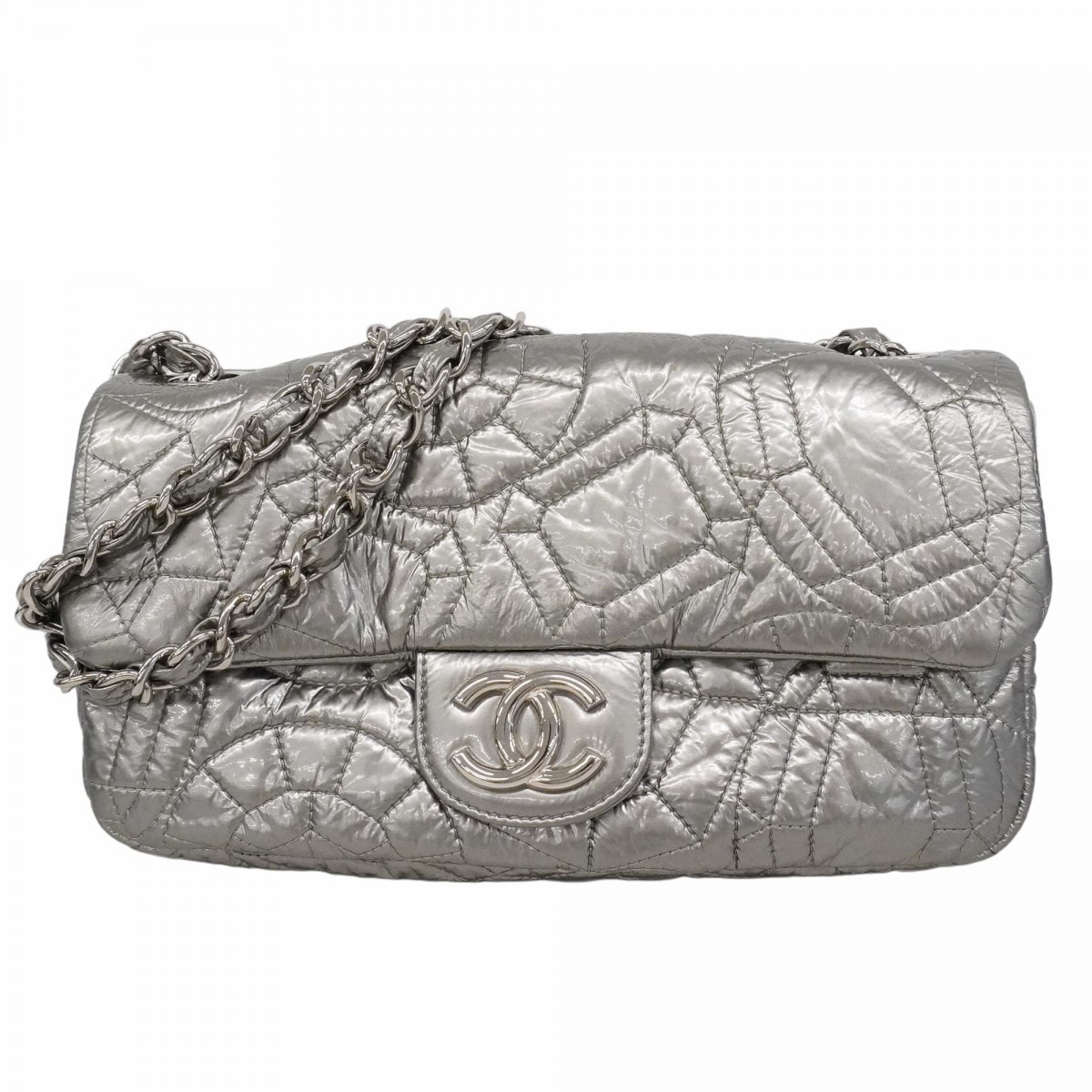 【6de5520-k】シャネル ショルダーバッグ Wチェーン パテントレザー グレー シルバー金具【中古】レディース