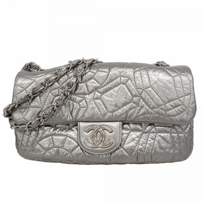 【6de5520-k】シャネル ショルダーバッグ Wチェーン パテントレザー グレー シルバー金具【中古】レディース