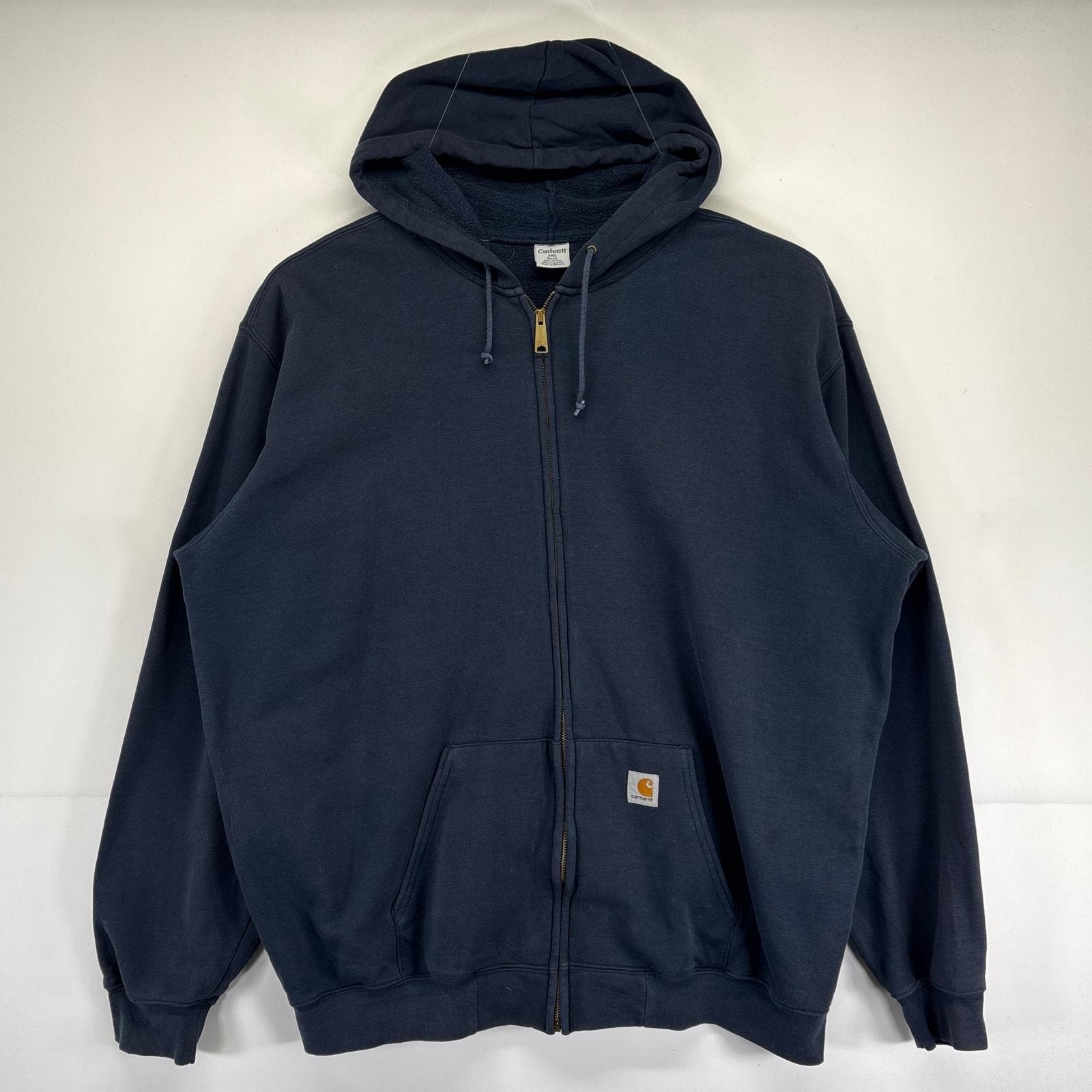 古着 カーハート Carhartt パーカー 大きいサイズ フルジップ 裏起毛 ワンポイントロゴ刺繍 トレーナー 2XLTALL  ネイビー メンズ