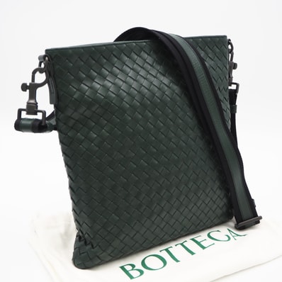 美品 BOTTEGAVENETA ボッテガヴェネタ イントレチャート ショルダーバッグ 276357 ショルダーバッグ グリーン ブラック カーフレザー メンズ