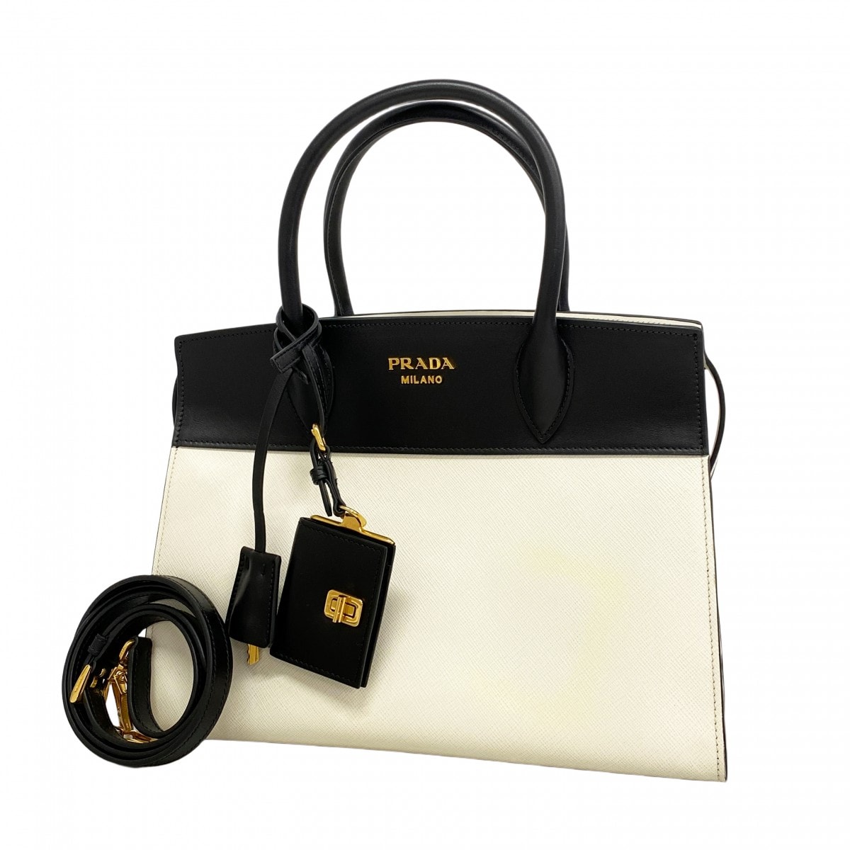 【6dc2618】プラダ ハンドバッグ サフィアーノ レザー ホワイト ブラック ゴールド金具 2wayバッグ【中古】レディース