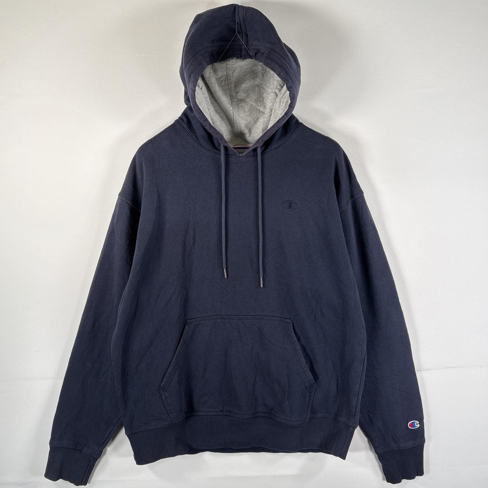 古着 チャンピオン Champion パーカー フード紐 フーディー ワンポイントロゴ刺繍 マフポケット ワンポイントロゴワッペン L  ネイビー メンズ