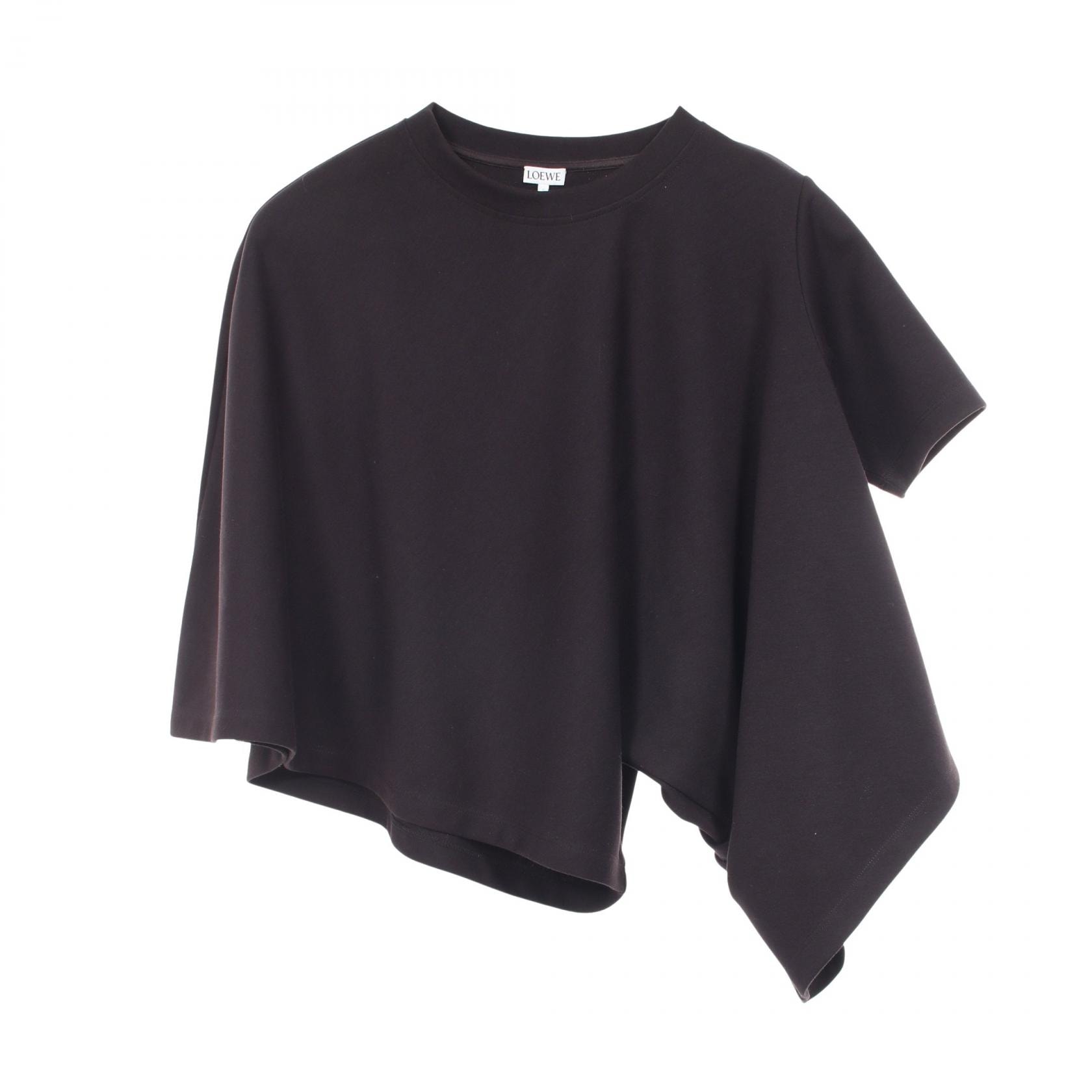 ロエベ LOEWE Cropped Draped T-Shirt アナグラム ロゴ アシンメトリー カットソー 衣料品 トップス コットン ポリエステル レディース ブラック系 【中古】