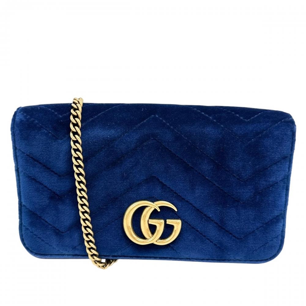 GUCCI グッチ ショルダーバッグ GGマーモント ロゴ金具 488426 ベルベット  レザー   ブルー 青 ゴールド金具 レディース【中古品】