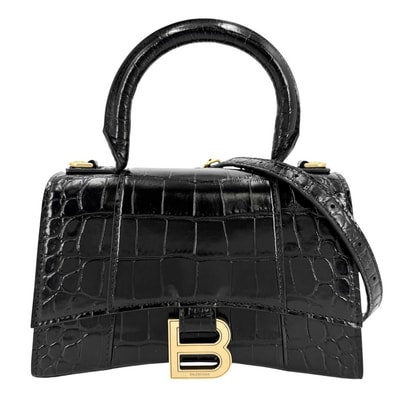 BALENCIAGA バレンシアガ 2WAY アワーグラス XS ハンドバッグ ショルダーバッグ 肩掛け 斜め掛け HOURGLASS クロコ型押し トップハンドル 592833 カーフスキン ブラック 黒 アンティークゴールド金具 レディース【中古品】