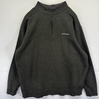 古着 コロンビア Columbia スウェット トレーナー プルオーバー ハーフジップ ワンポイントロゴ刺繍 14041 カーキ系 メンズ