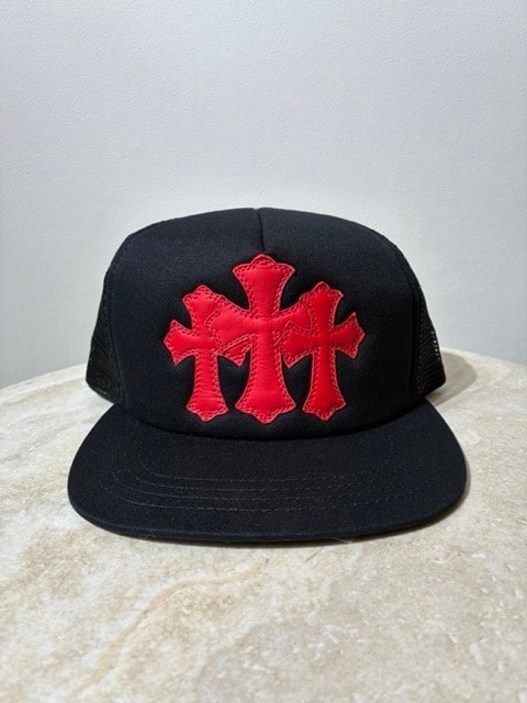 Chrome Hearts 3 Cemetery Leather Patch Mesh Tracker Cap "Black/Red"