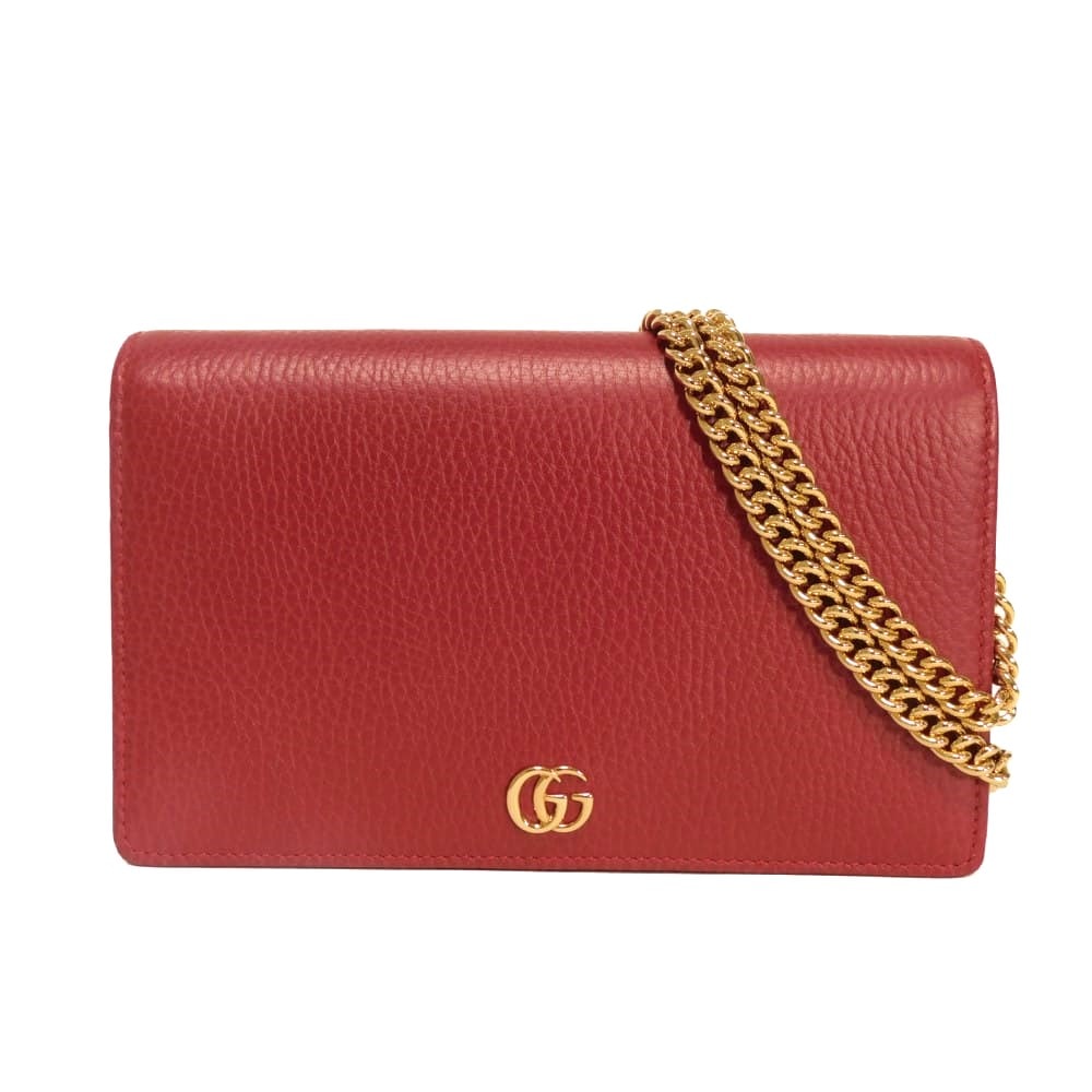 GUCCI グッチ GGマーモント チェーン ウォレット GG ロゴ カーフ ミラー 2WAY クラッチバッグ コンパートメント カードケース コインケース 未使用 ダブルG ハイビスカスレッド ショルダーバッグ 497985 CAO0G 6433