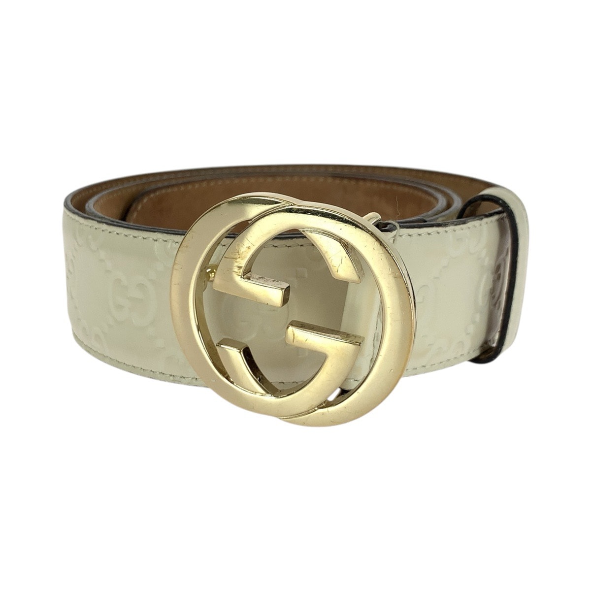 美品 GUCCI グッチ インターロッキング Gバックル 80cm/32インチ オフホワイト ゴールド金具 レザー ベルト 男女兼用 505938 【中古】