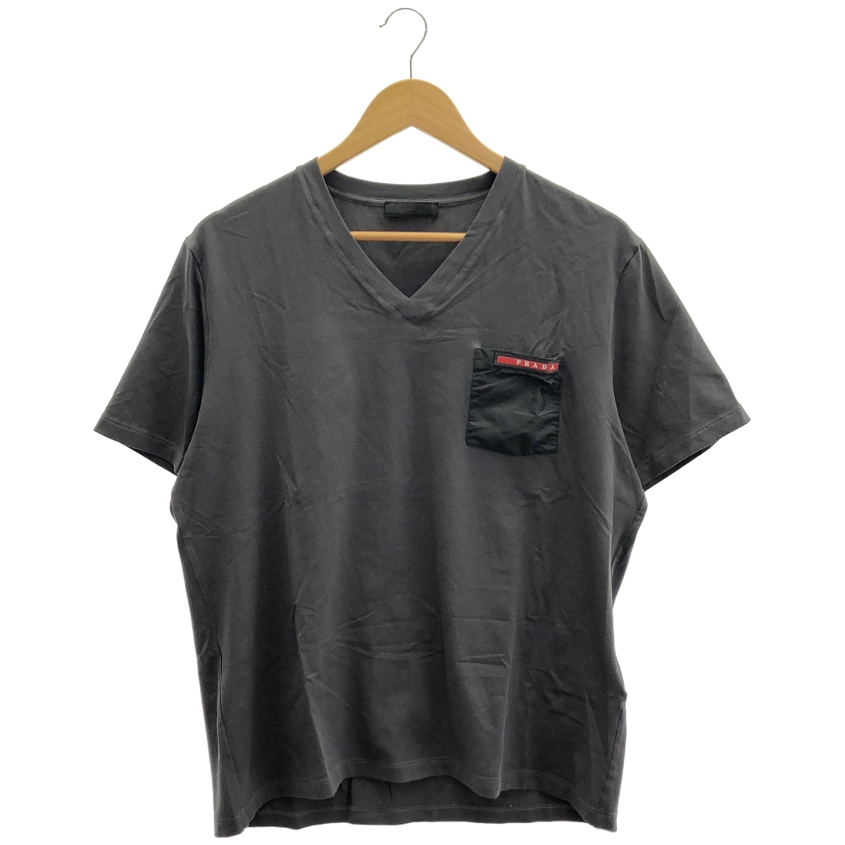 プラダスポーツ グレー SJM994 Vネック ナイロン切り替えTシャツ XL