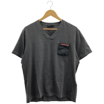 プラダスポーツ グレー SJM994 Vネック ナイロン切り替えTシャツ XL