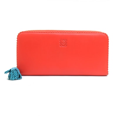ロエベ LOEWE ラウンドファスナー長財布 アナグラム レザー オレンジ/ブルー ゴールド レディース【中古】 e62262a
