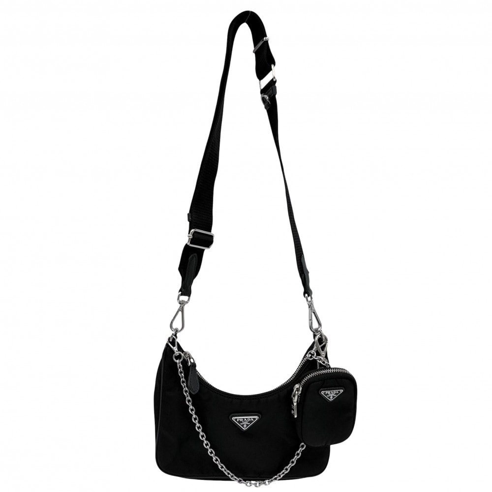 PRADA プラダ 2WAY Re-Edition2005 Re-Nylon ハンドバッグ ショルダーバッグ 肩掛け 斜め掛け ポーチ付き トライアングルロゴ 1BH204 ナイロン    ブラック 黒 シルバー金具 レディース【中古品】