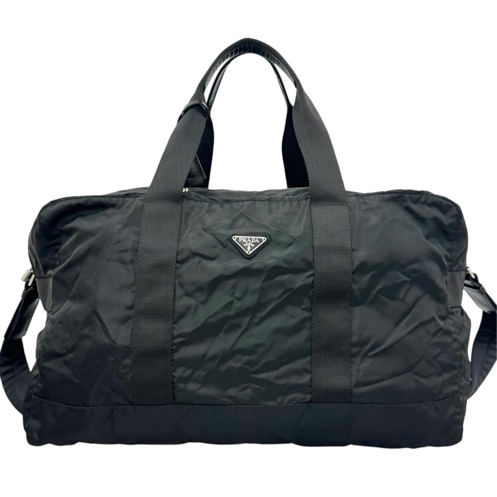 美品 PRADA プラダ トライアングルロゴ ボストンバッグ ナイロン ブラック ユニセックス【中古】