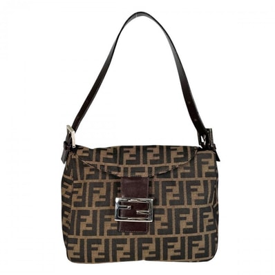 FENDI フェンディ ショルダーバッグ ズッカ マンマバケット 肩掛け 264260 キャンバス レザー ブラウン 茶 ブラック 黒 シルバー金具 レディース【中古品】
