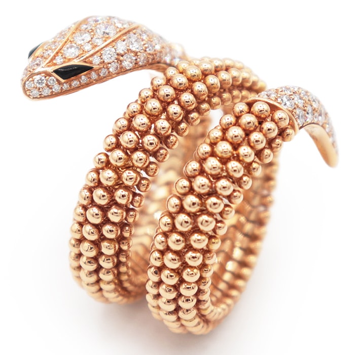 【美品】BVLGARI ブルガリ リング 指輪 セルペンティ サイズ #M 358664 ダイヤ / オニキス ピンクゴールド 18金 K18PG アクセサリー ジュエリー 箱・ケース付属 イタリア製 メンズ レディース ユニセックス