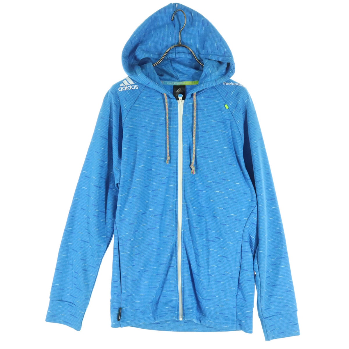 美品 adidas アディダス ワンポイントロゴ 総柄 長袖 ジップパーカー M ブルー系