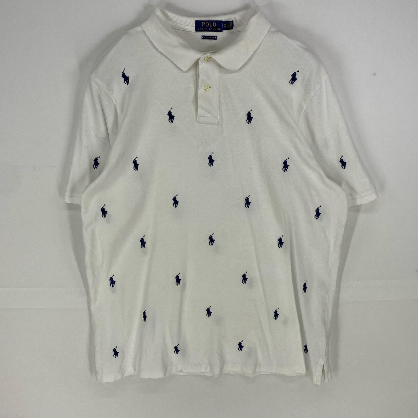 古着 ポロ・ラルフローレン POLO RALPH LAUREN 鹿の子 半袖シャツ ワンポイントロゴ刺繍 ポロシャツ XL  ホワイト系 総柄 メンズ