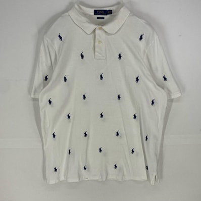 古着 ポロ・ラルフローレン POLO RALPH LAUREN 鹿の子 半袖シャツ ワンポイントロゴ刺繍 ポロシャツ XL ホワイト系 総柄 メンズ