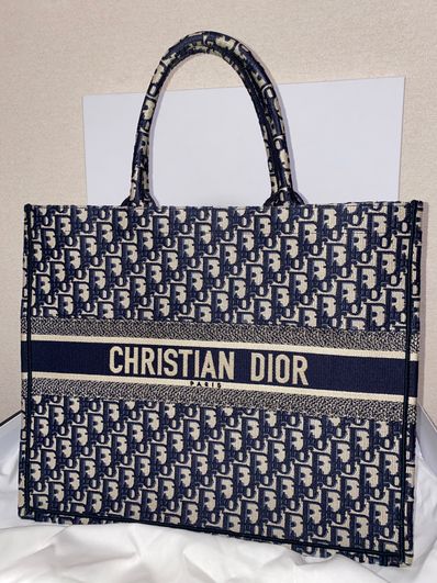 Dior Book Tote Large Bag Oblique Embroidery "Ecru/Blue"