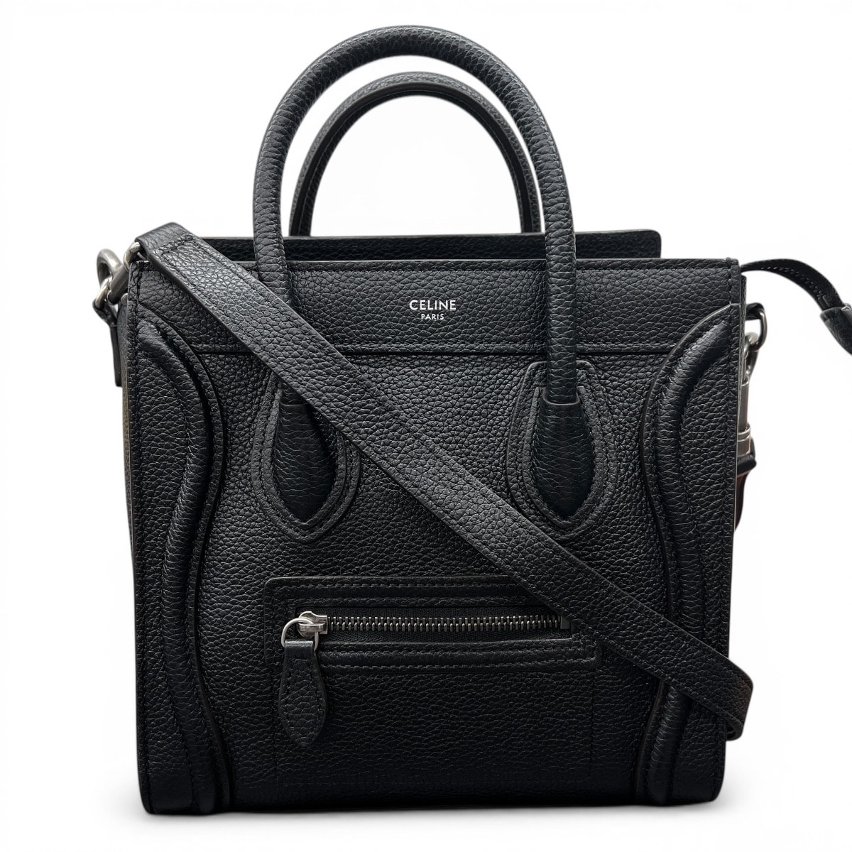 CELINE 極美品 セリーヌ ラゲージ ナノ ショッパー 2way ハンドバッグ ショルダーバッグ 189243 レザー ブラック ミニバッグ クロスボディ ポシェット Aランク 鑑定済 中古 セリーヌバッグ