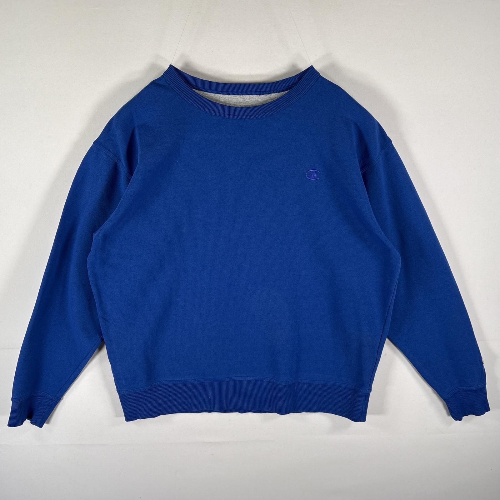 古着 チャンピオン Champion スウェット トレーナー ワンポイントロゴ刺繍 クルーネック 大きいサイズ XL  ブルー メンズ