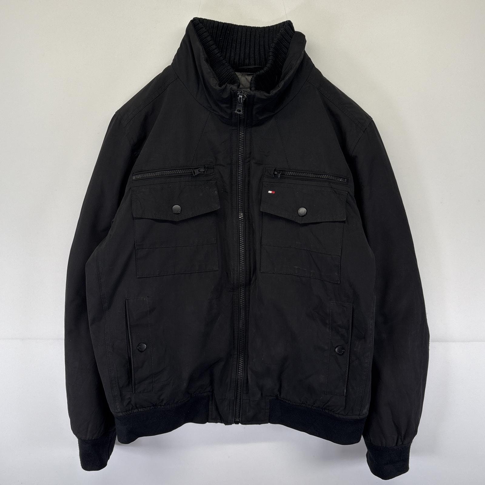 古着 トミーヒルフィガー TOMMY HILFIGER ジャケット 中綿ジャケット ブルゾン ワンポイント刺繍ロゴ 大きいサイズ XL  ブラック メンズ