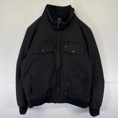 古着 トミーヒルフィガー TOMMY HILFIGER ジャケット 中綿ジャケット ブルゾン ワンポイント刺繍ロゴ 大きいサイズ XL ブラック メンズ