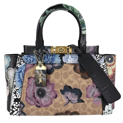 COACH コーチ 2WAY トループ キャリーオール カフェ・ファセット 肩掛け 斜め掛け フラワー 花 ハンドバッグ ショルダーバッグ レザー ブラック 黒 マルチカラー ゴールド金具 レディース【中古品】