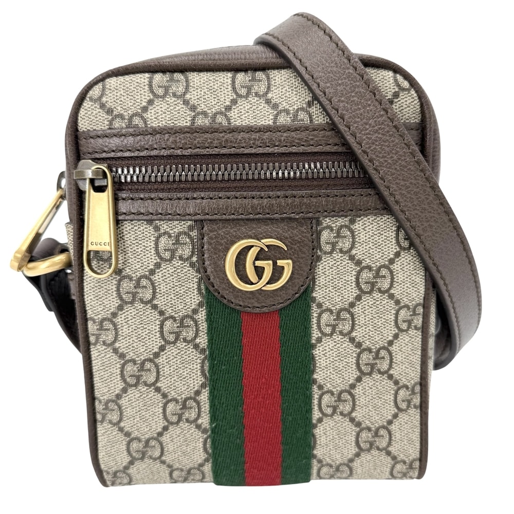 GUCCI グッチ ショルダーバッグ オフィディア ウェブストライプ ミニ メッセンジャーバッグ 肩掛け 斜め掛け 小さめ 598127 GGスプリームキャンバス レザー ベージュ ブラウン 茶 アンティークゴールド金具 レディース 美品【中古品】