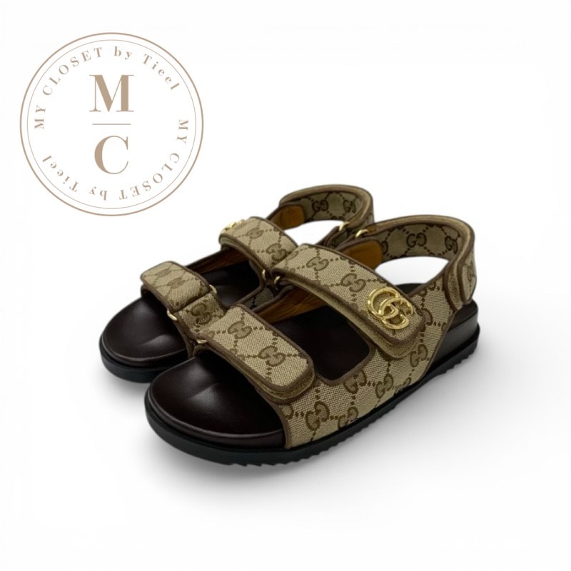 グッチ GUCCI サンダル 靴 シューズ キャンバス ベージュ ブラウン ゴールド GGマーモント ダブルストラップ