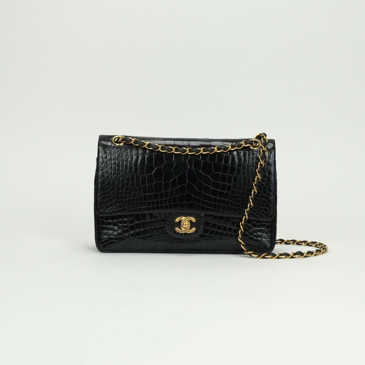 シャネル CHANEL マトラッセ25 ダブルフラップ Wフラップ ダブルチェーン Wチェーン バッグ ショルダーバッグ クロコダイル ブラック Black 黒 ゴールド金具