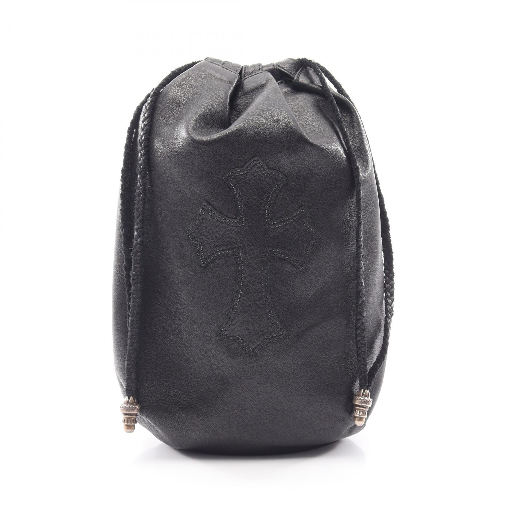 クロムハーツ CHROME HEARTS クロスパッチ ドローストリング サック 巾着 ハンドバッグ バッグ レザー メンズ ブラック系 【中古】