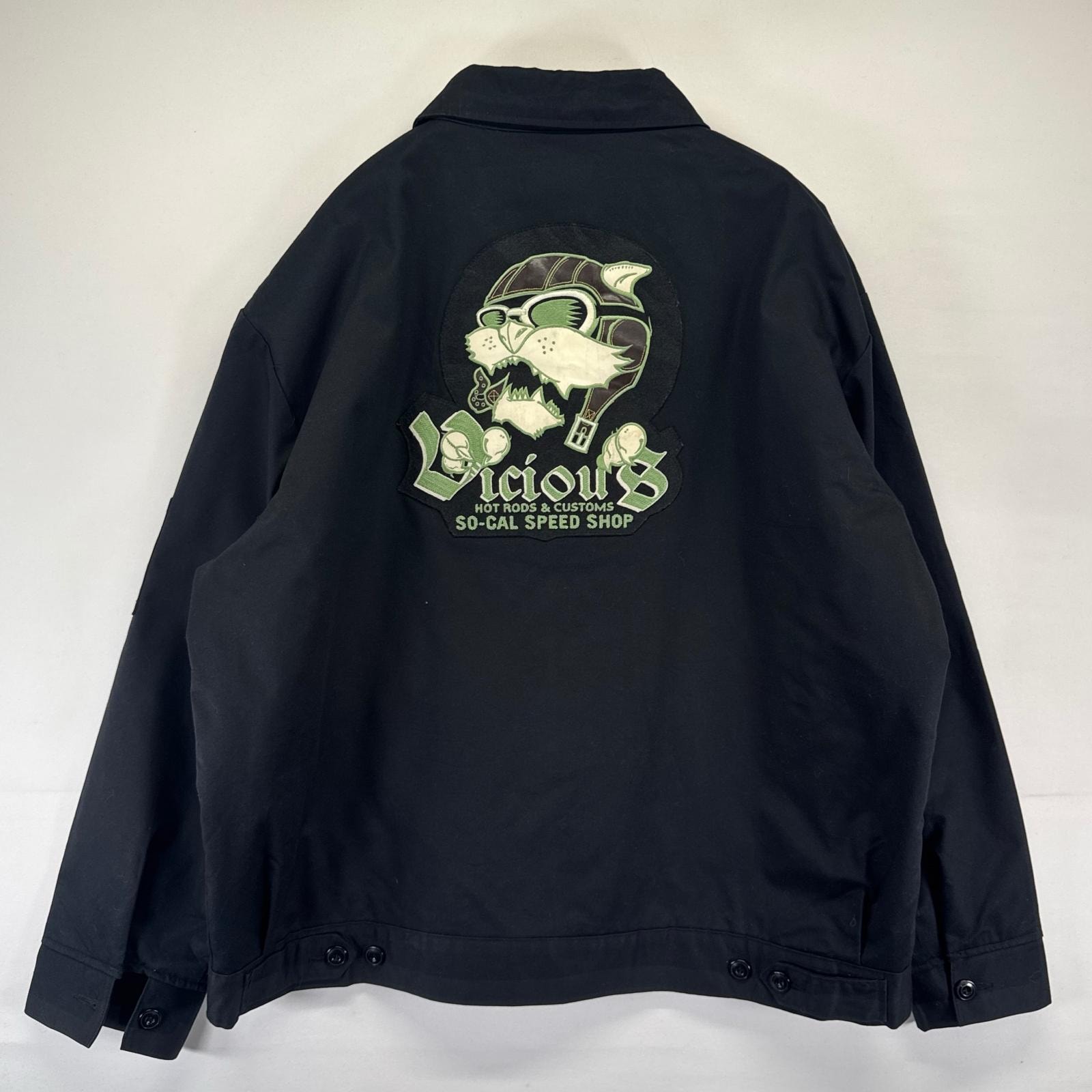 古着 ディッキーズ Dickies ジャケット ワーク フルジップ バックデザイン ワッペン 大きいサイズ 中綿 刺繍 2XL  ブラック系 メンズ
