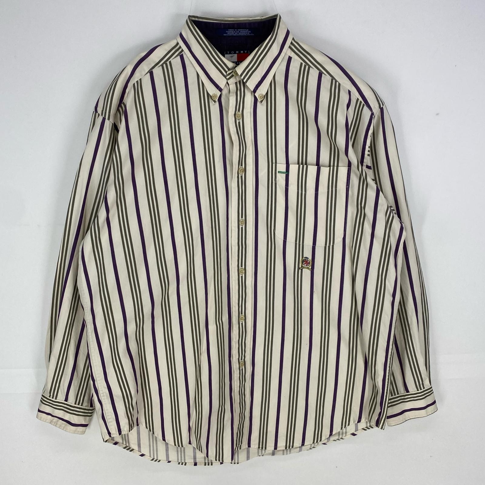 古着 90's/90年代 トミーヒルフィガー TOMMY HILFIGER 長袖シャツ ワーク 胸ポケット ロングスリーブ M ホワイト系 ストライプ メンズ