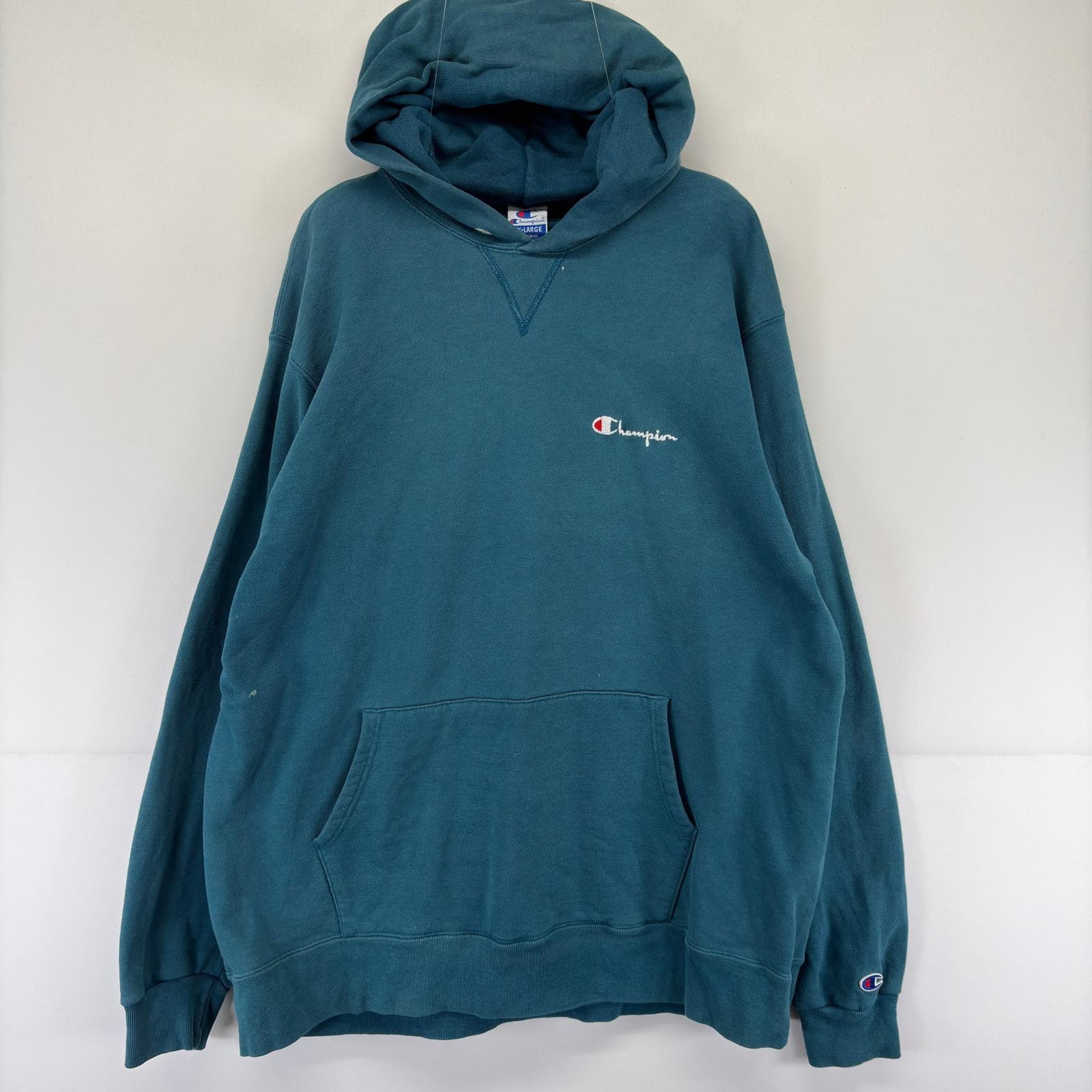 古着 90's/90年代 チャンピオン Champion USA製 パーカー プルオーバー 刺繍 スウェット Vガゼット ワンポイント 2XL  ブルー系 メンズ