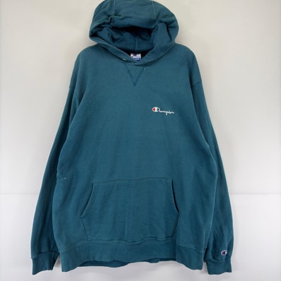 古着 90's/90年代 チャンピオン Champion USA製 パーカー プルオーバー 刺繍 スウェット Vガゼット ワンポイント 2XL ブルー系 メンズ